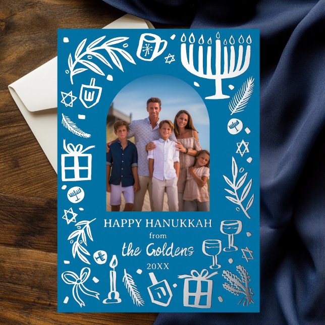 Carte De Vœux En Aluminium Whimsical HANOUKKA Cute Custom Photo SILVER (Whimsical HANUKKAH Cute Custom Photo SILVER Foil Holiday Card
)