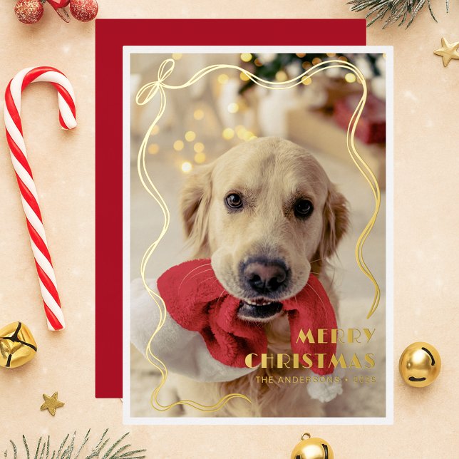 Carte De Vœux En Aluminium Whimssical Golden Ribbon Pet Photo Joyeux Noël (Créateur téléchargé)