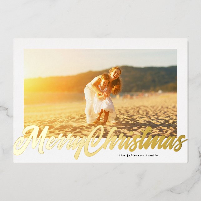 Carte De Vœux En Aluminium White Frame & Gold Merry Christmas Photo (Devant)