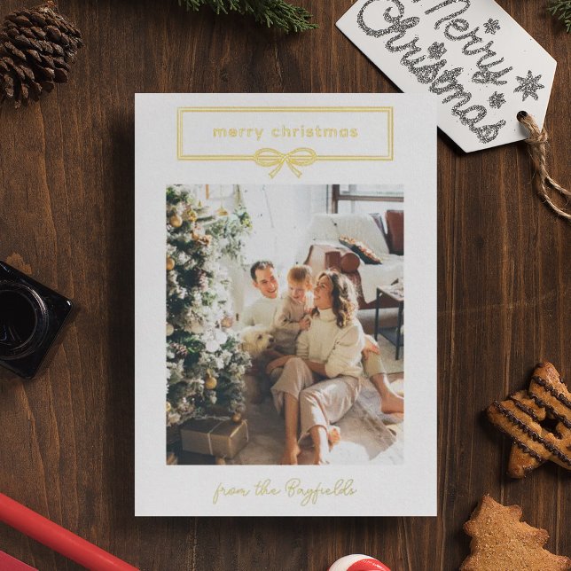 Carte De Vœux En Aluminium White Gold Jolie Bow Photo Joyeux Noël (Créateur téléchargé)