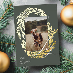 Carte De Vœux En Aluminium Wreath Garland hiver Joie Script Photo & Monogramm