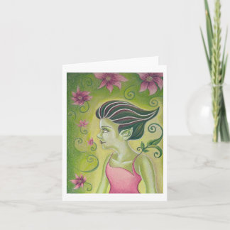 Carte de voeux Fée verte et Fleurs roses