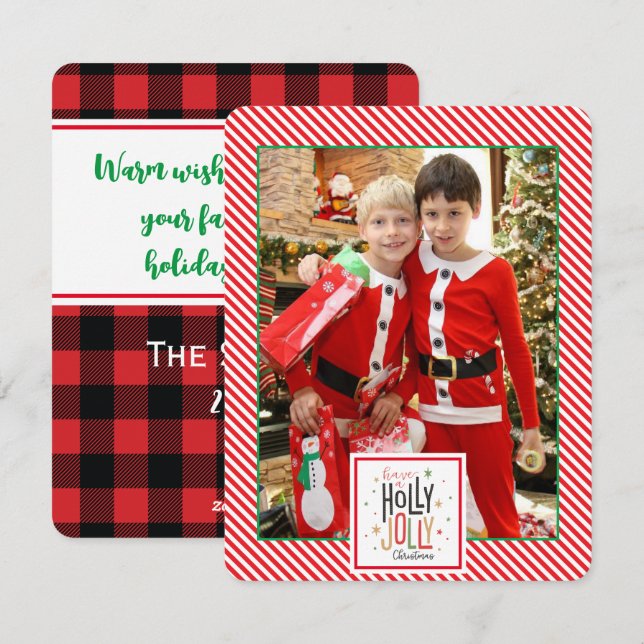 Carte de vœux festive à carreaux Holly Jolly (ajou (Devant / Derrière)
