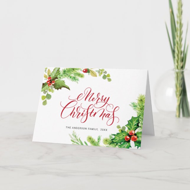 Carte de vœux festive de Noël avec houx et gui (Devant)