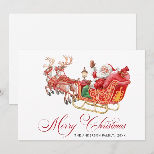 Carte de vœux festive du Père Noël en traîneau (Devant / Derrière)