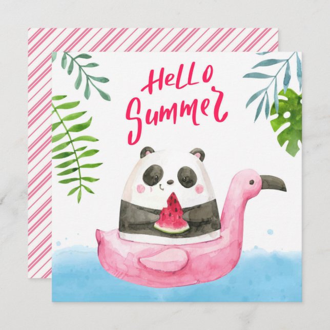 Carte de voeux Flamant rose Panda Summer (Devant / Derrière)