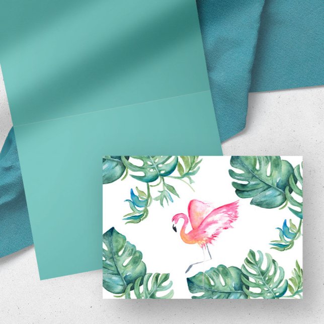 Carte de voeux Flamant rose rose tropical (tropical thank you cards watercolor pink flamingo & monstera leaf watercolor by Victoria Grigaliunas)