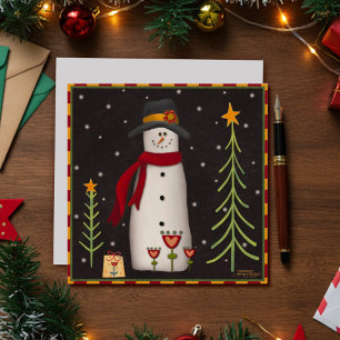 Carte de vœux folklorique bonhomme de neige mignon