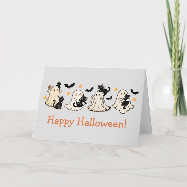 Carte de voeux Ghost & Chat Halloween (Devant)