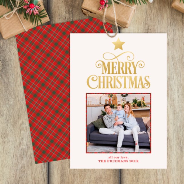 Carte de voeux Gold Joyeux Noël Plaid Photo (Merry Christmas Photo Greeting Card)