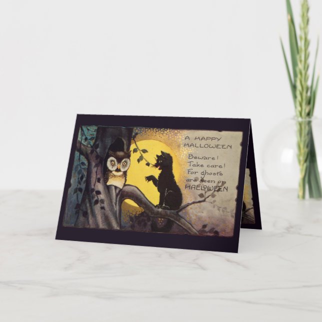 Carte de voeux Halloween Chat Warning Owl (Devant)