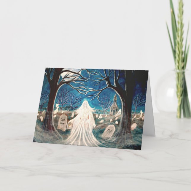 Carte de voeux Halloween, cimetière, fantôme, pier (Devant)