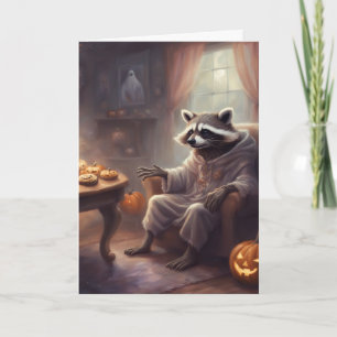 Carte de vœux Halloween de fun avec un raton laveu