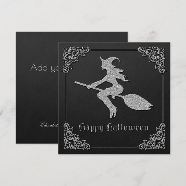 Carte de voeux Halloween en argent sorcière (Devant / Derrière)