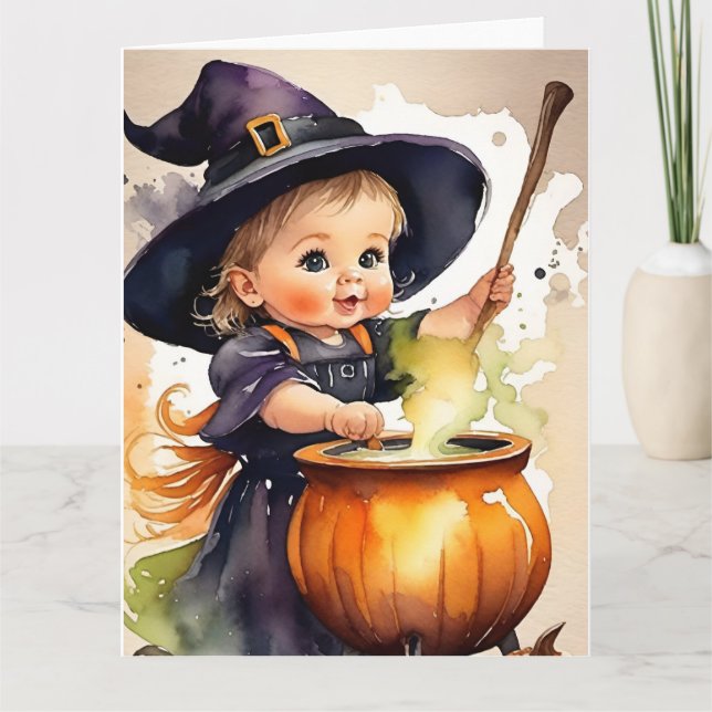 Carte de vœux Halloween Petite Sorcière Mignonne (Devant)