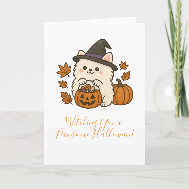 Carte de voeux Halloween - Pomeranian avec chapeau (Devant)