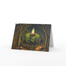 Carte de voeux Halloween, sorcières, four, étoiles