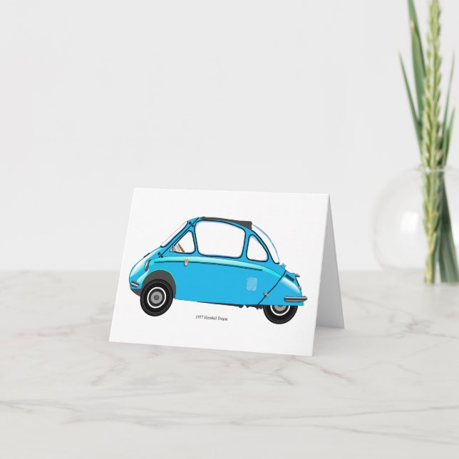 Carte de voeux Heinkel Trogan Bubble voiture. (Devant)
