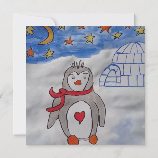 Carte de voeux hiver Pingouin neige (Devant)