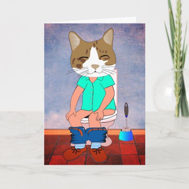 CARTE DE VŒUX HUMORISTIQUE CHAT SUR TOILETTE TOUTE (Devant)