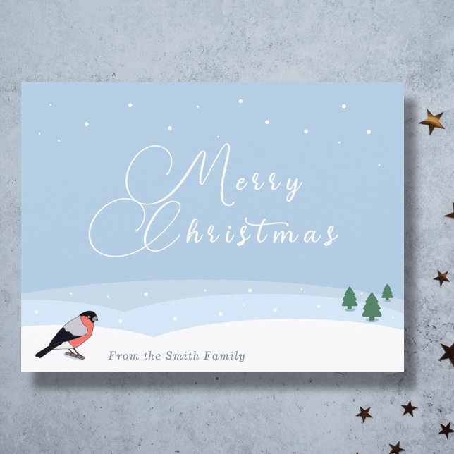 Carte de Voeux Joyeux Noël - Bouvreuil et Neige (Bullfinch & Snow Landscape Christmas Greeting Card)