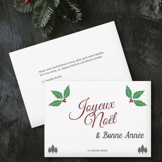 Carte de Voeux Joyeux Noël et Bonne Année (Joyeux Noël, French Merry Christmas with Holly Holiday Card)