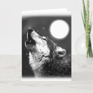 Carte de vœux Loup noir et blanc hurlant à la lune