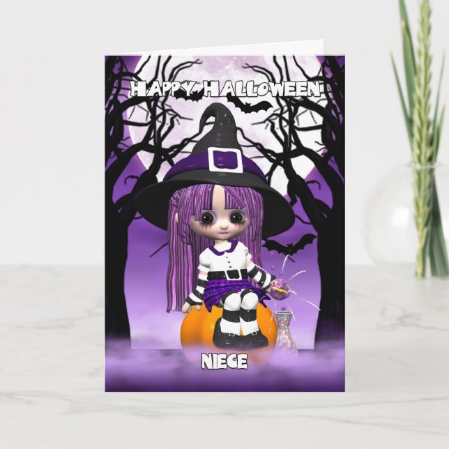Carte de voeux mignonne de Halloween de sorcière (Devant)