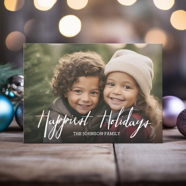 Carte de vœux moderne avec photo intégrale et text (Modern Christmas Card with 1 Horizontal Photo and a rustic modern font in white - Happiest Holidays)