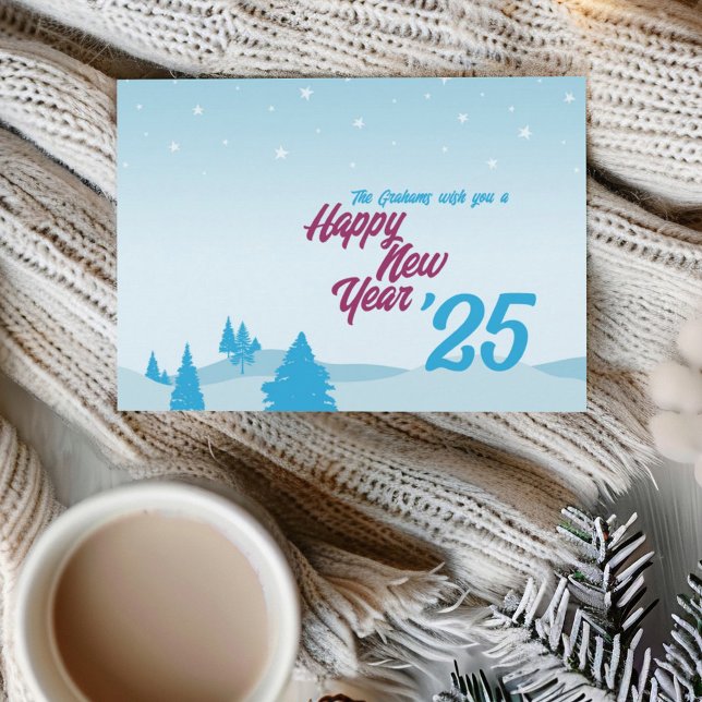 Carte de voeux moderne sans photo Happy New Year F (Illustrative Happy New Year flat greeting card with winter scenery of trees and stars.)