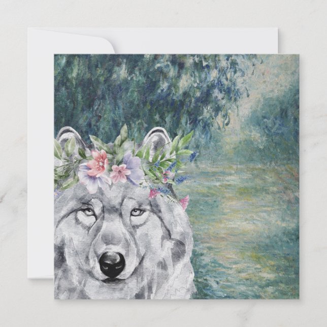 Carte de voeux Monet Morning Seine et Grey Wolf (Devant)