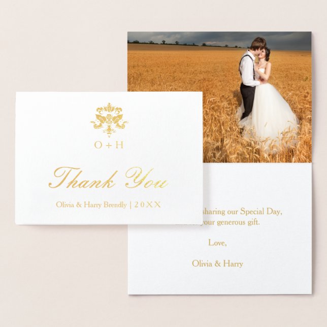 Carte de voeux Monogram Gold Foil Mariage Merci (Affichage)