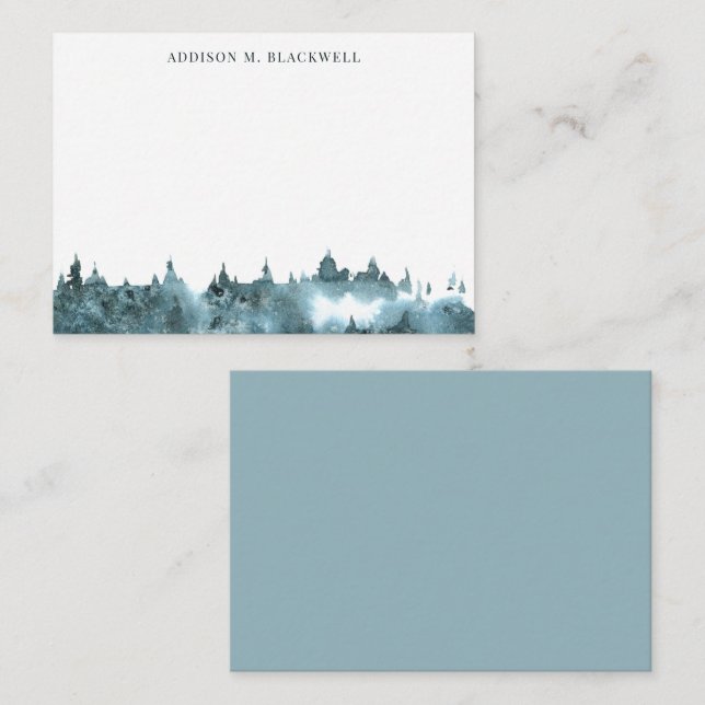 Carte de vœux Montagne Aquarelle Bleu Vert avec no (Devant / Derrière)