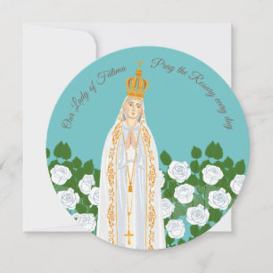 Carte de voeux Notre Dame de Fatima et roses blanc