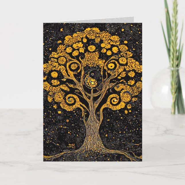 Carte de vœux orange Yin Yang de l'Arbre de Vie (Devant)