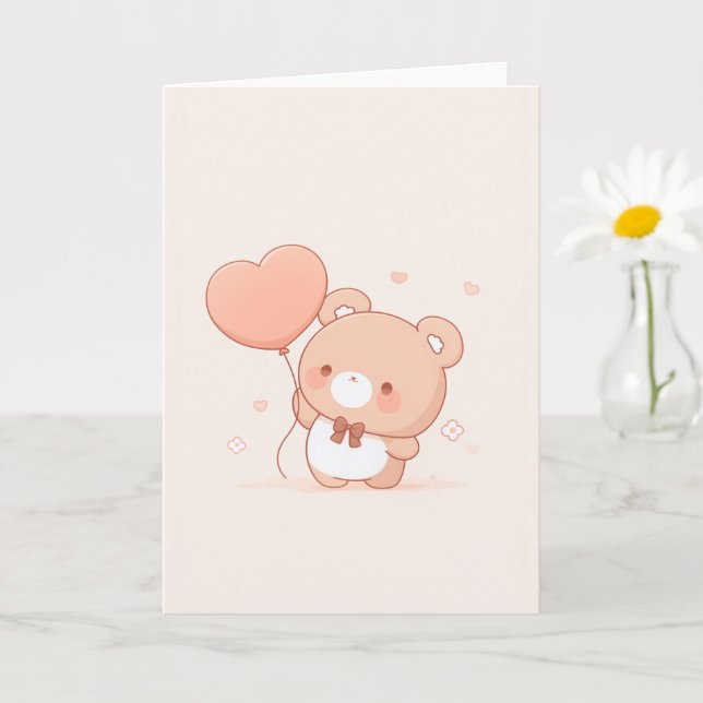Carte de vœux ours mignon avec ballon en forme de  (Petite plante)