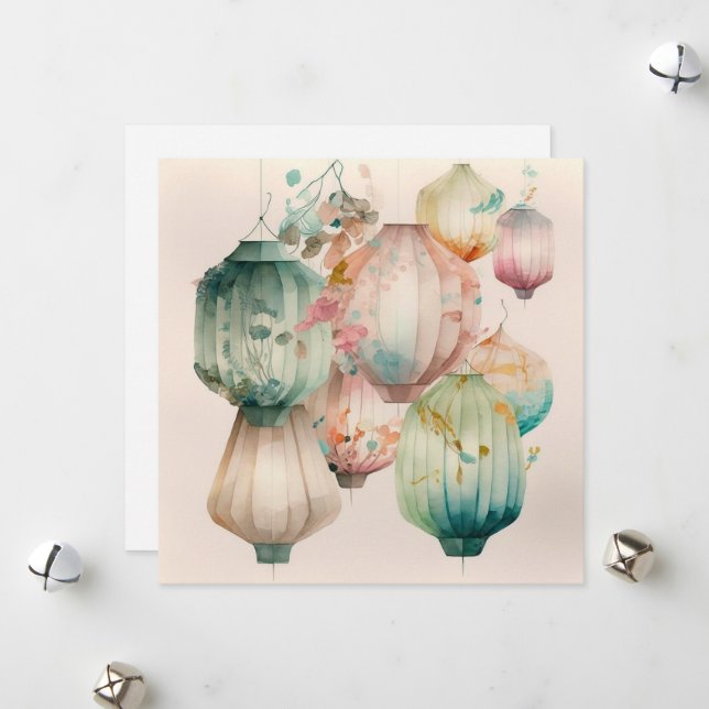 Carte de voeux Papier Lanterns (Devant/Arrière en situation)