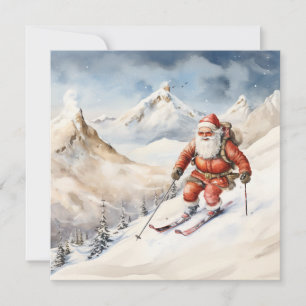 Carte de voeux père Noël Skiing