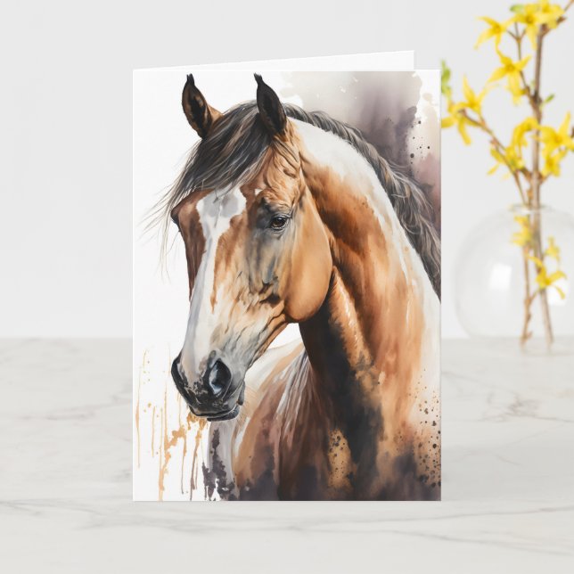 Carte de vœux personnalisée aquarelle cheval équin (Fleur jaune)