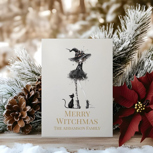 Carte de vœux personnalisée de Joyeux Noël Sorcièr (Merry Witchmas Standing Witch Custom Holiday Card  on a wooden table with Christmas decoration)