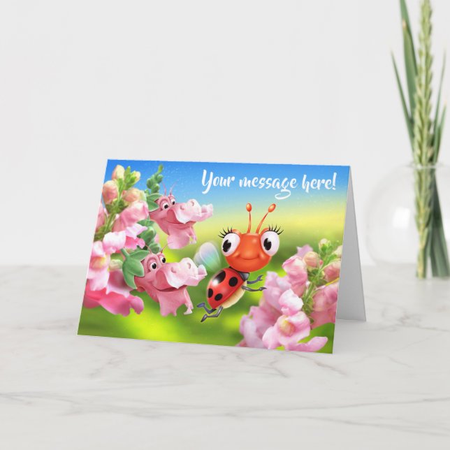 Carte de voeux personnalisée Ladybug & fleurs amic (Devant)