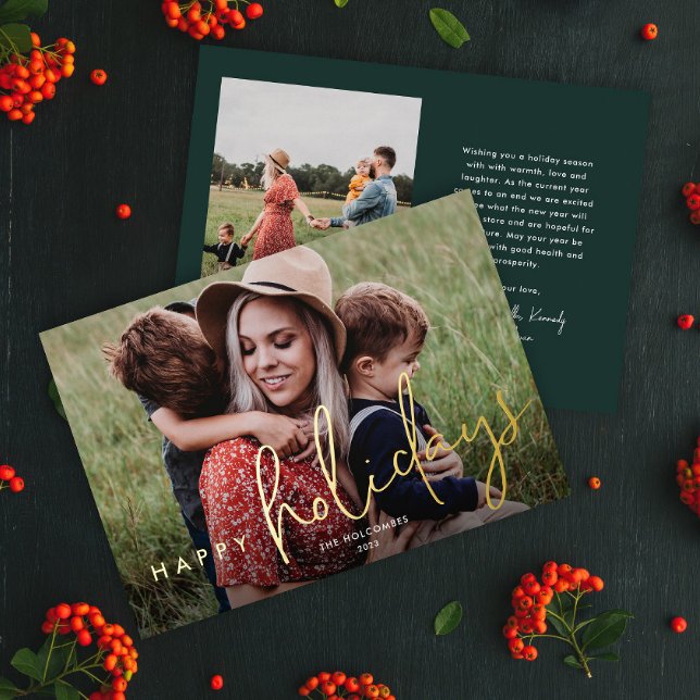 Carte de vœux photo avec texte moderne pour Joyeus (Simple modern photo holiday card with gold foil script greeting overlay and green backer.)