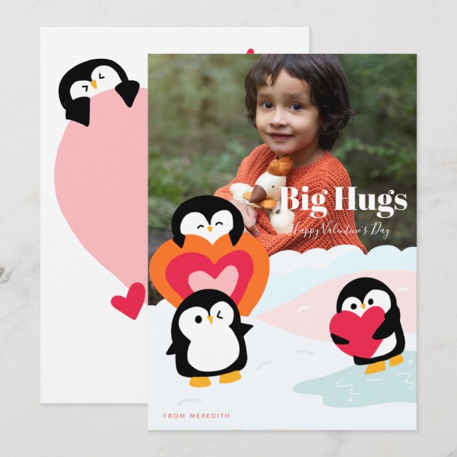 Carte de vœux photo de câlins d'amour de pingouin  (Devant / Derrière)