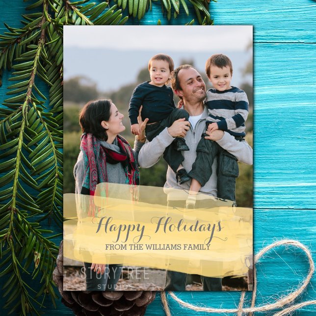 Carte de vœux photo de vacances avec coup de pince (Yellow Watercolor Brushstroke Holiday Photo Card)