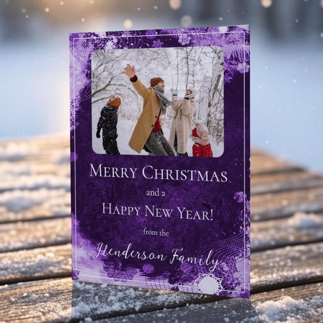 Carte de vœux photo de vacances avec flocons viole (Purple Snowflakes Flat Holiday Photo Card)