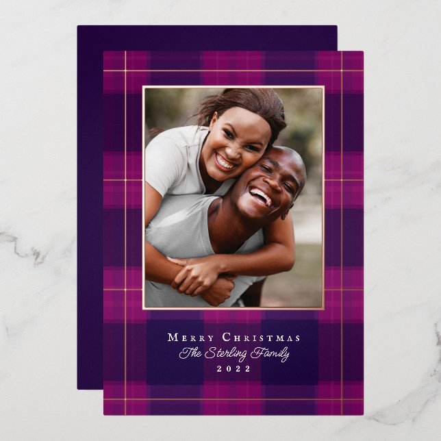 Carte de vœux photo de vacances en plaid violet et (Recto/Verso)