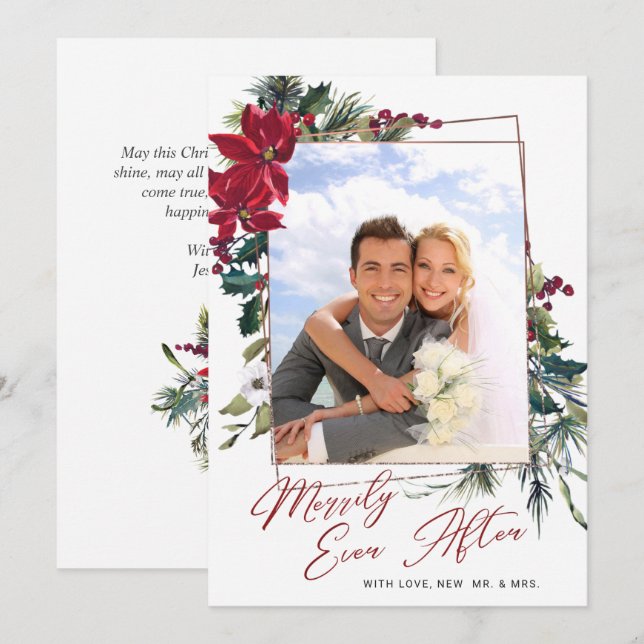 Carte de vœux photo élégante de Noël avec poinsett (Devant / Derrière)