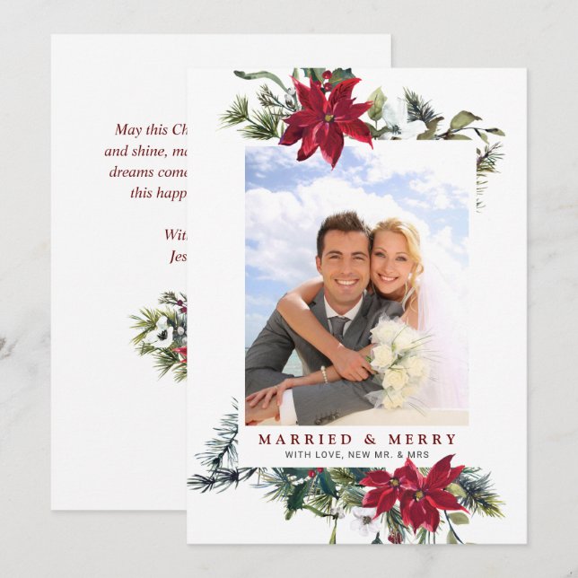 Carte de vœux photo élégante de poinsettia de Noël (Devant / Derrière)