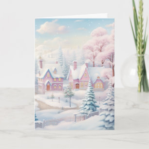 Carte de voeux Pink and Snowy Village Holiday Card