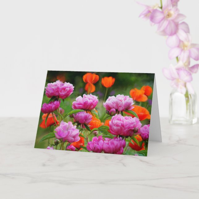 Carte de vœux - Pivoines roses et Pavot orange (Orchidée)